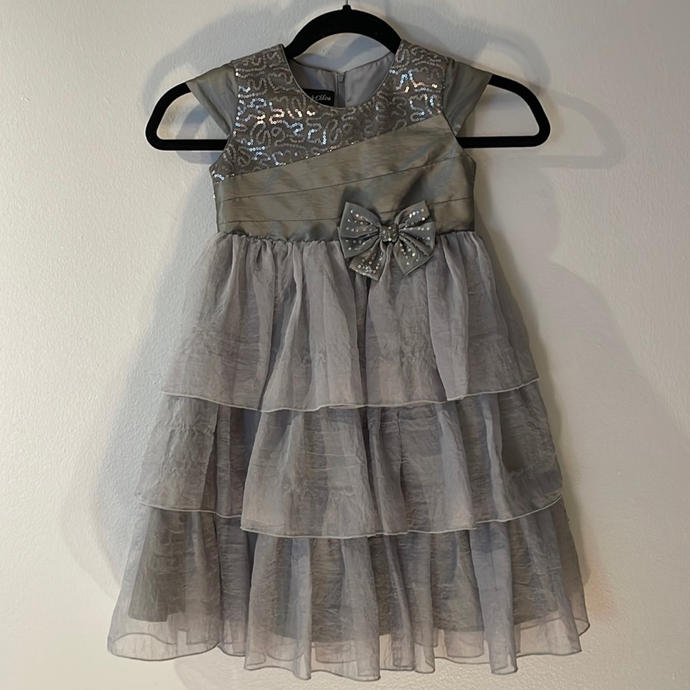 Isabell & Chloe Silver Party Dress with Sequin Bodice and tiered chiffon skirt